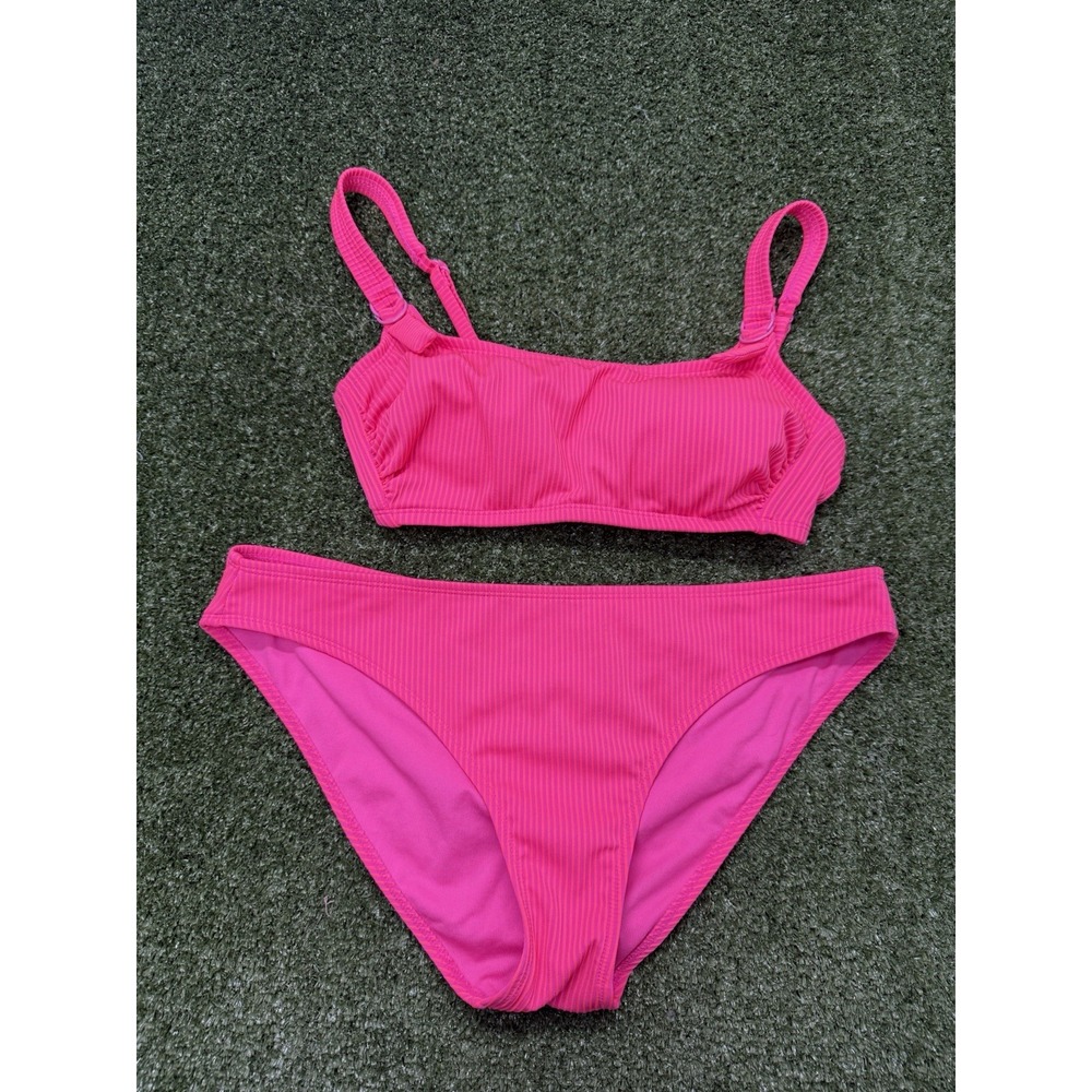 Xhiliration Hot Neon Pink Bikini Ribbed Bralette Style Tie Back Y2K Coquette XL
